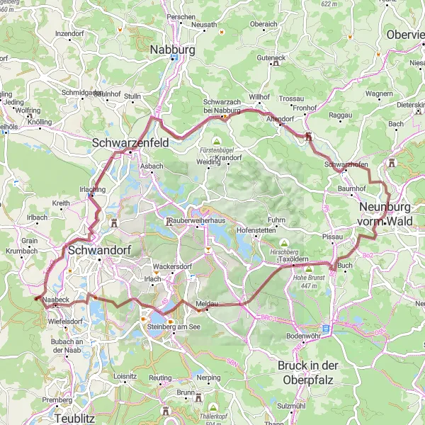 Map miniature of "Naab Valley Gravel Escape" cycling inspiration in Oberpfalz, Germany. Generated by Tarmacs.app cycling route planner