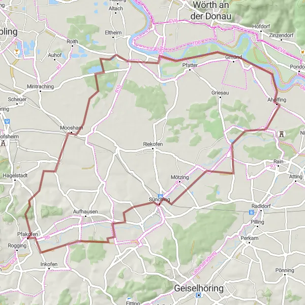 Map miniature of "Pfakofen Gravel Exploration" cycling inspiration in Oberpfalz, Germany. Generated by Tarmacs.app cycling route planner