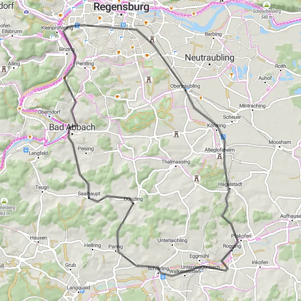 Map miniature of "Regensburg and Beyond" cycling inspiration in Oberpfalz, Germany. Generated by Tarmacs.app cycling route planner