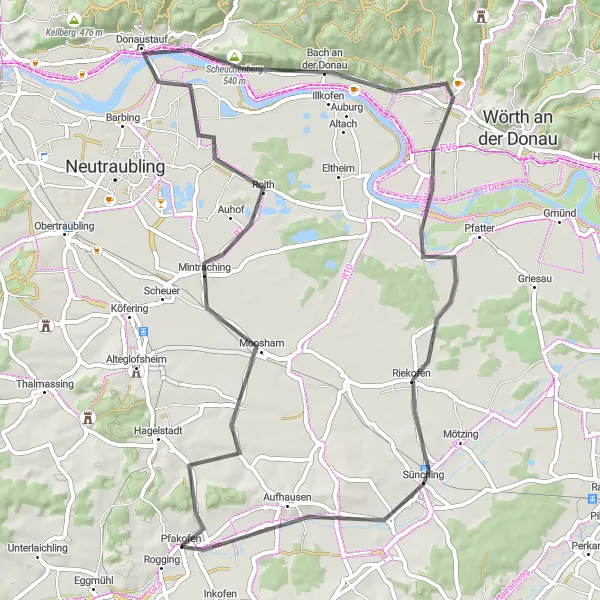 Map miniature of "Exploring the Danube Valley" cycling inspiration in Oberpfalz, Germany. Generated by Tarmacs.app cycling route planner