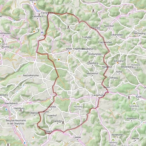 Karten-Miniaturansicht der Radinspiration "Gravelabenteuer um Pilsach" in Oberpfalz, Germany. Erstellt vom Tarmacs.app-Routenplaner für Radtouren