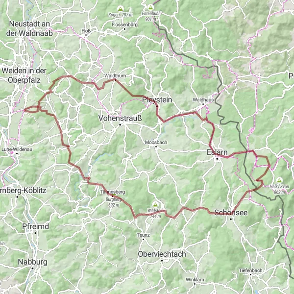 Map miniature of "Hills and Valleys" cycling inspiration in Oberpfalz, Germany. Generated by Tarmacs.app cycling route planner