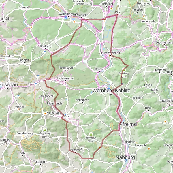 Karten-Miniaturansicht der Radinspiration "Platte und Ragenhof Rundstrecke" in Oberpfalz, Germany. Erstellt vom Tarmacs.app-Routenplaner für Radtouren