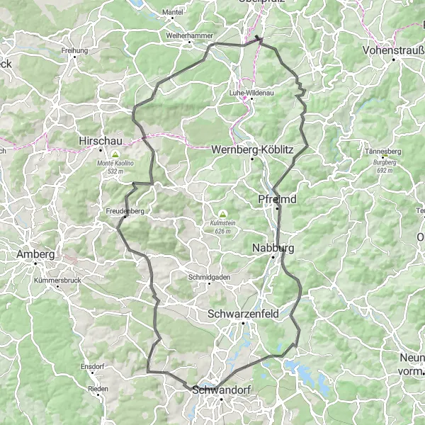 Karten-Miniaturansicht der Radinspiration "Herausfordernde Bergtour in der Oberpfalz" in Oberpfalz, Germany. Erstellt vom Tarmacs.app-Routenplaner für Radtouren
