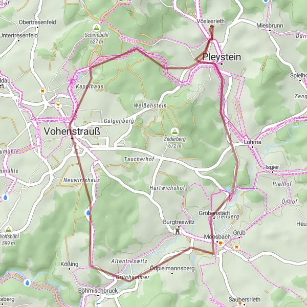 Map miniature of "Gravel Adventure: Pleystein Loop" cycling inspiration in Oberpfalz, Germany. Generated by Tarmacs.app cycling route planner