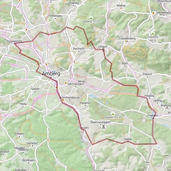 Map miniature of "Panzerberg Loop" cycling inspiration in Oberpfalz, Germany. Generated by Tarmacs.app cycling route planner