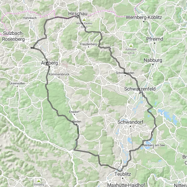 Map miniature of "Poppenricht to Amberg Road Cycling Route" cycling inspiration in Oberpfalz, Germany. Generated by Tarmacs.app cycling route planner