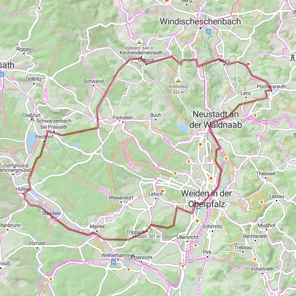 Karten-Miniaturansicht der Radinspiration "Weinberg und Schafkopf Erkundung" in Oberpfalz, Germany. Erstellt vom Tarmacs.app-Routenplaner für Radtouren