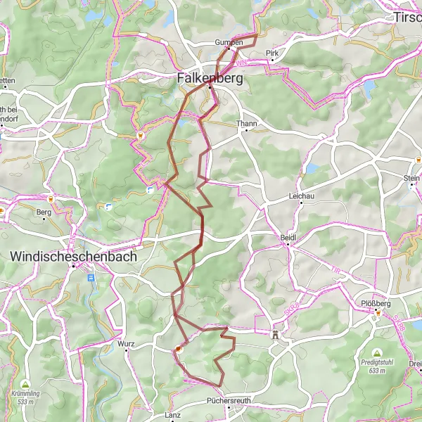 Map miniature of "The Ilsenbach Gravel Loop" cycling inspiration in Oberpfalz, Germany. Generated by Tarmacs.app cycling route planner
