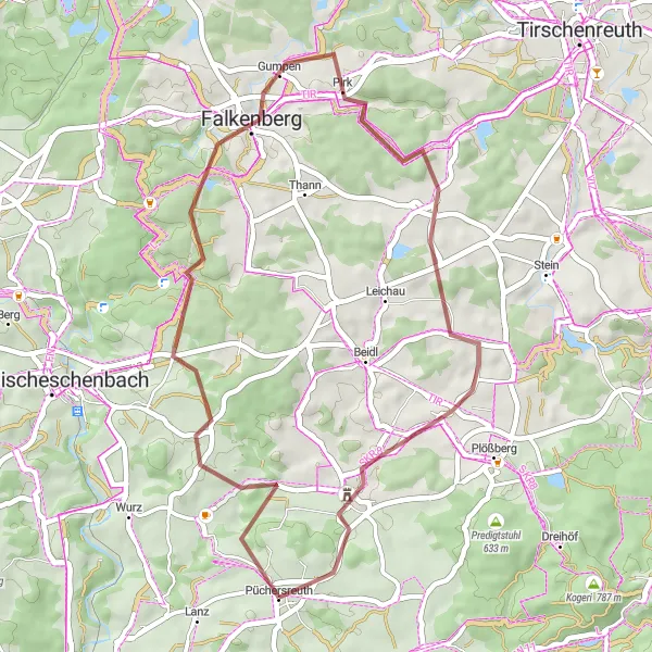 Map miniature of "Ruins and Hidden Gems" cycling inspiration in Oberpfalz, Germany. Generated by Tarmacs.app cycling route planner