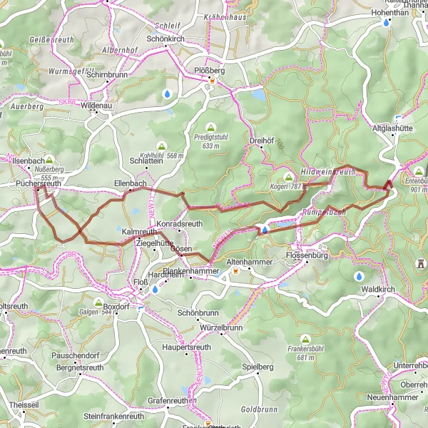 Map miniature of "Hundsrück and Burgruine Flossenbürg Gravel Route" cycling inspiration in Oberpfalz, Germany. Generated by Tarmacs.app cycling route planner