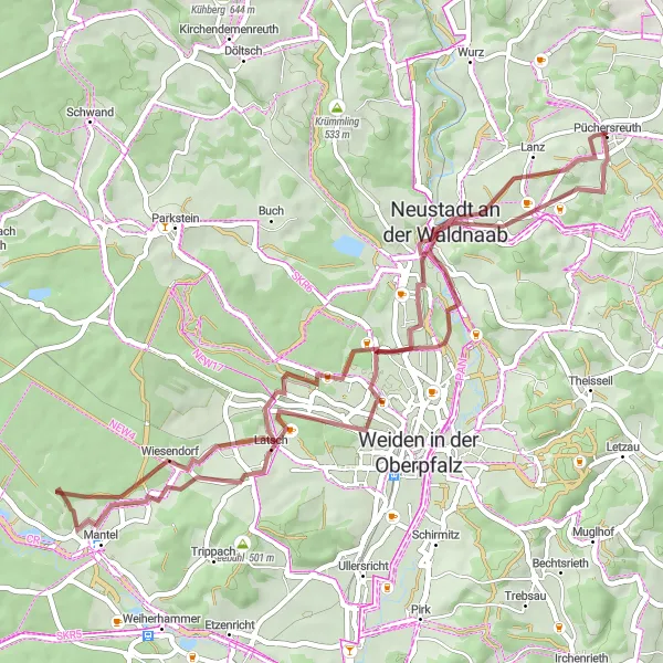 Karten-Miniaturansicht der Radinspiration "Gravel Rundweg um Neustadt" in Oberpfalz, Germany. Erstellt vom Tarmacs.app-Routenplaner für Radtouren