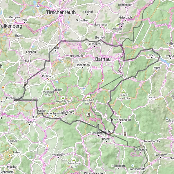 Map miniature of "Road Cycling Challenge" cycling inspiration in Oberpfalz, Germany. Generated by Tarmacs.app cycling route planner