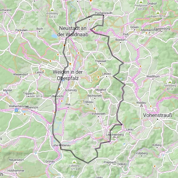 Map miniature of "Hills and Scenic Landscapes" cycling inspiration in Oberpfalz, Germany. Generated by Tarmacs.app cycling route planner