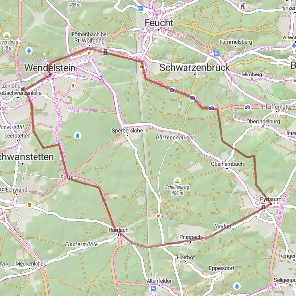 Karten-Miniaturansicht der Radinspiration "Idyllische Landschaft um Pyrbaum" in Oberpfalz, Germany. Erstellt vom Tarmacs.app-Routenplaner für Radtouren