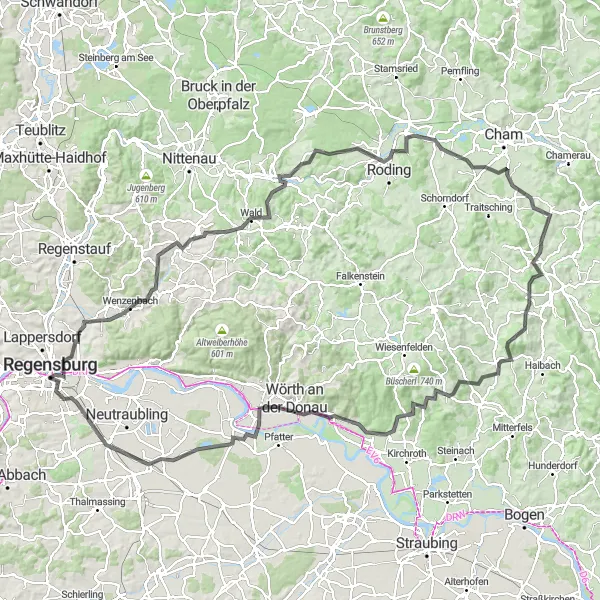 Karten-Miniaturansicht der Radinspiration "Rund um Regensburg durch die Oberpfalz" in Oberpfalz, Germany. Erstellt vom Tarmacs.app-Routenplaner für Radtouren