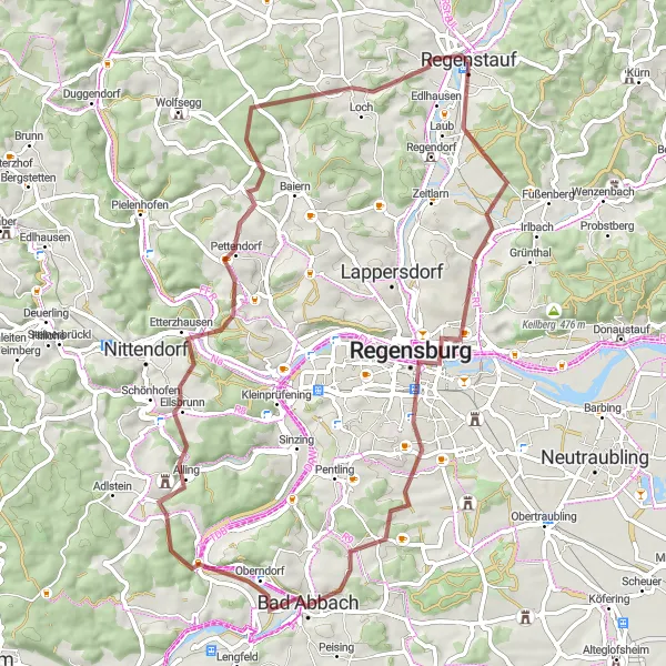Karten-Miniaturansicht der Radinspiration "Rundtour um Regenstauf - Stifterfelsen und Brückelberg" in Oberpfalz, Germany. Erstellt vom Tarmacs.app-Routenplaner für Radtouren