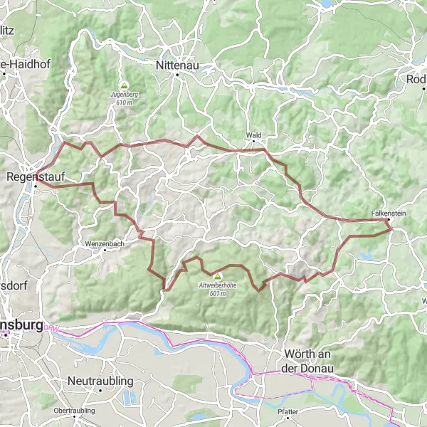 Map miniature of "Regenstauf Gravel Escape" cycling inspiration in Oberpfalz, Germany. Generated by Tarmacs.app cycling route planner