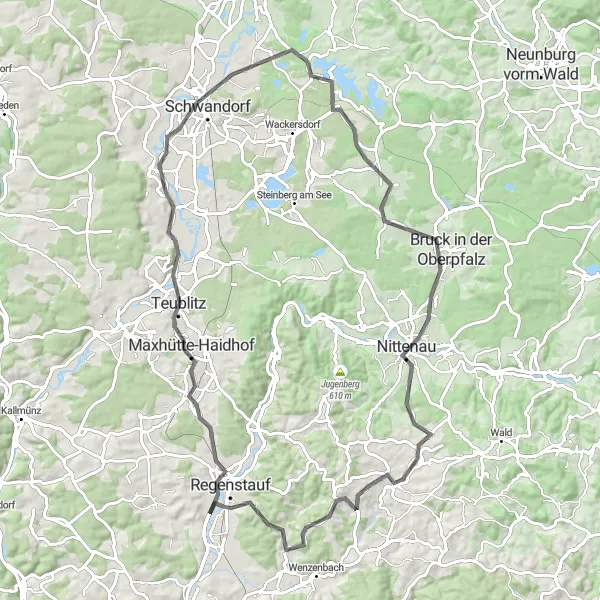 Karten-Miniaturansicht der Radinspiration "Radtour um Regenstauf - Schloss Fronberg und Alpenblick" in Oberpfalz, Germany. Erstellt vom Tarmacs.app-Routenplaner für Radtouren