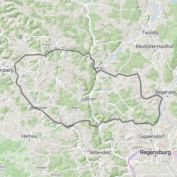 Map miniature of "The Road to Pielenhofen" cycling inspiration in Oberpfalz, Germany. Generated by Tarmacs.app cycling route planner