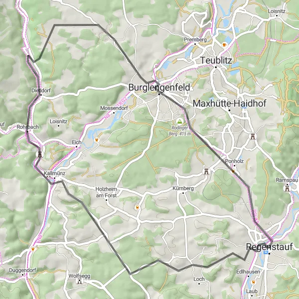 Karten-Miniaturansicht der Radinspiration "Brückelberg und Schloss Traidendorf Rundweg" in Oberpfalz, Germany. Erstellt vom Tarmacs.app-Routenplaner für Radtouren