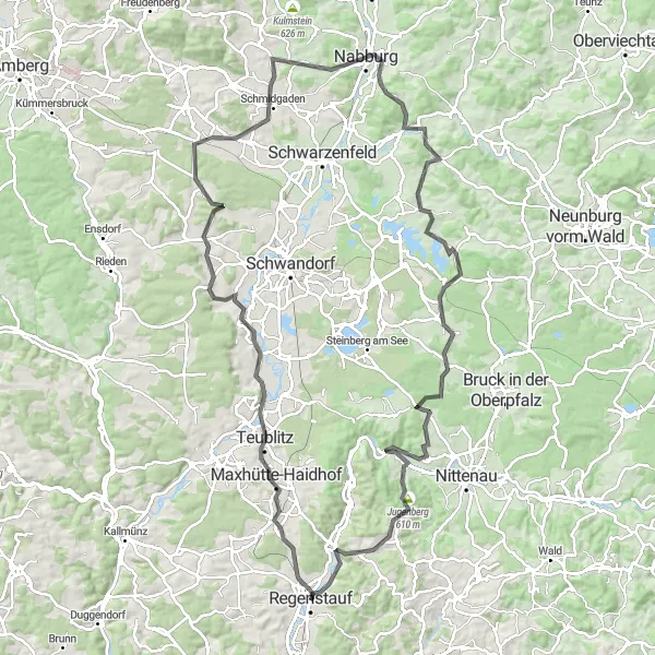 Map miniature of "Regenstauf Cultural Tour" cycling inspiration in Oberpfalz, Germany. Generated by Tarmacs.app cycling route planner