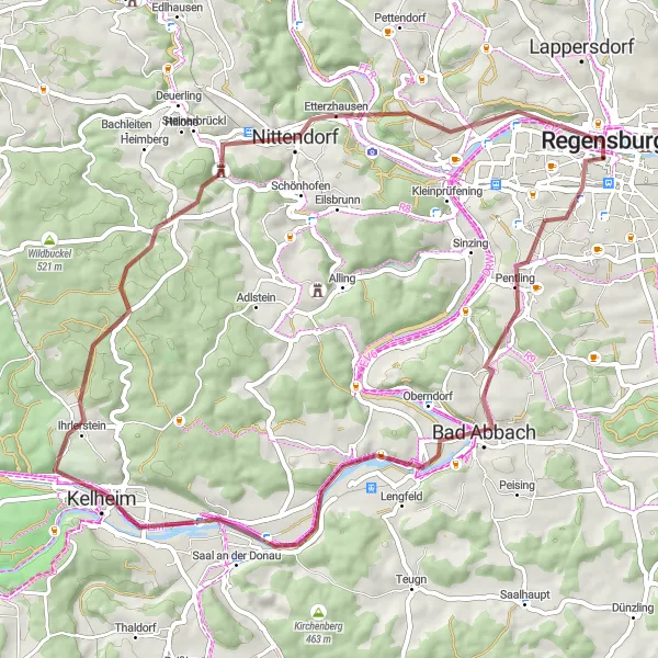 Map miniature of "Gravel Adventure to Kelheim" cycling inspiration in Oberpfalz, Germany. Generated by Tarmacs.app cycling route planner