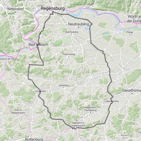 Karten-Miniaturansicht der Radinspiration "Donaubogen und Klosterherzen" in Oberpfalz, Germany. Erstellt vom Tarmacs.app-Routenplaner für Radtouren