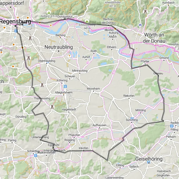 Map miniature of "Donau Heights" cycling inspiration in Oberpfalz, Germany. Generated by Tarmacs.app cycling route planner