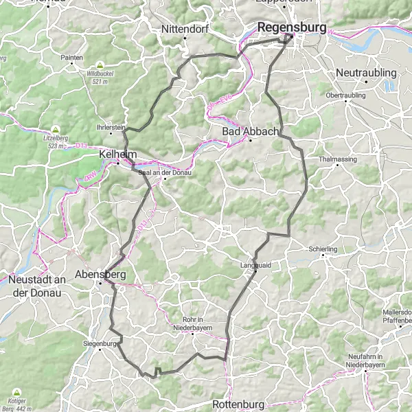 Map miniature of "The Danube Valley Epic" cycling inspiration in Oberpfalz, Germany. Generated by Tarmacs.app cycling route planner