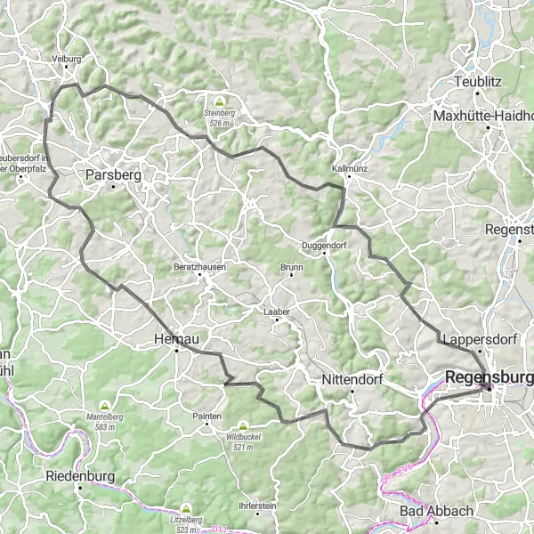 Map miniature of "Regensburg Ultimate Challenge" cycling inspiration in Oberpfalz, Germany. Generated by Tarmacs.app cycling route planner