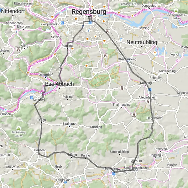 Map miniature of "Regensburg Scenic Road Loop" cycling inspiration in Oberpfalz, Germany. Generated by Tarmacs.app cycling route planner