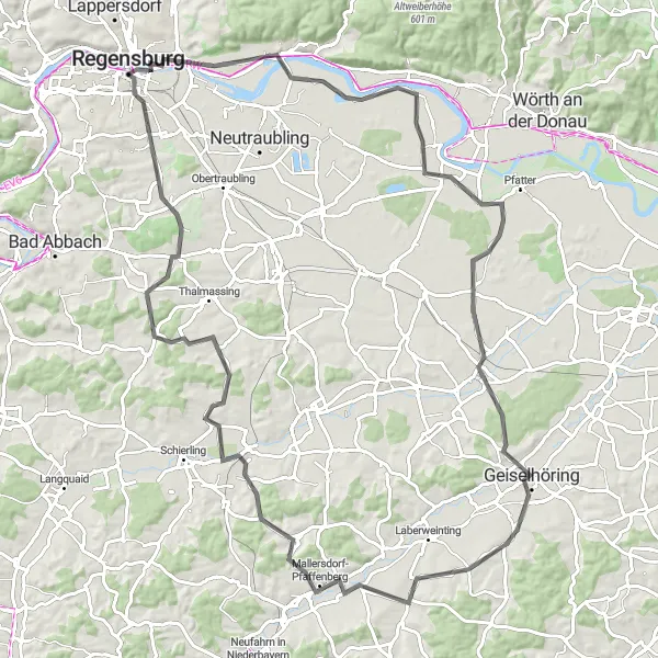 Map miniature of "Regensburg Road Adventure" cycling inspiration in Oberpfalz, Germany. Generated by Tarmacs.app cycling route planner
