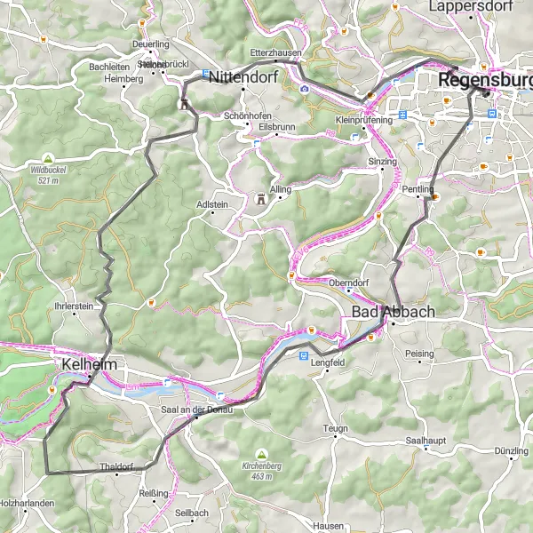 Map miniature of "Discovering Kelheim on Wheels" cycling inspiration in Oberpfalz, Germany. Generated by Tarmacs.app cycling route planner