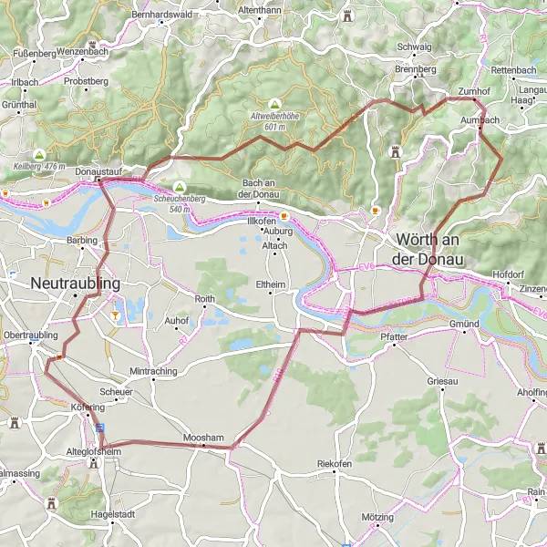 Map miniature of "Rettenbach to Wörth an der Donau Gravel Route" cycling inspiration in Oberpfalz, Germany. Generated by Tarmacs.app cycling route planner