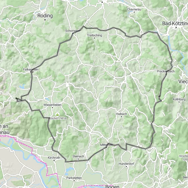 Map miniature of "Rettenbach Loop" cycling inspiration in Oberpfalz, Germany. Generated by Tarmacs.app cycling route planner