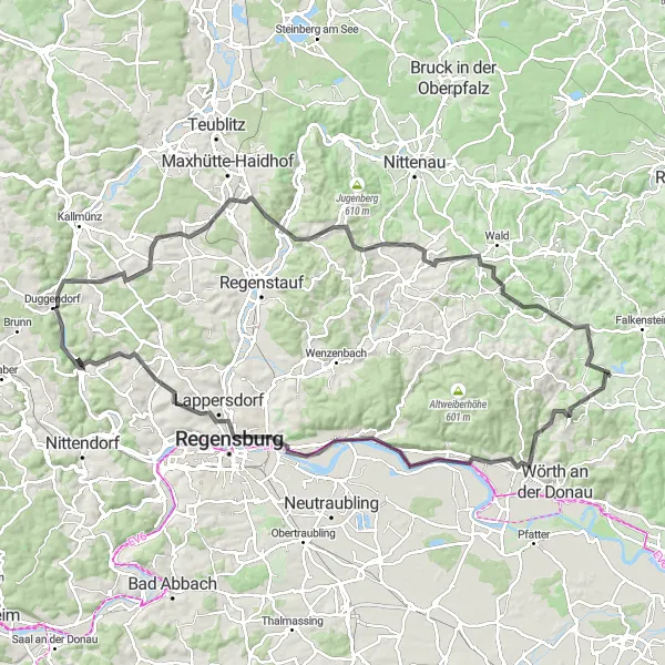 Map miniature of "Rettenbach to Bach an der Donau Road Loop" cycling inspiration in Oberpfalz, Germany. Generated by Tarmacs.app cycling route planner
