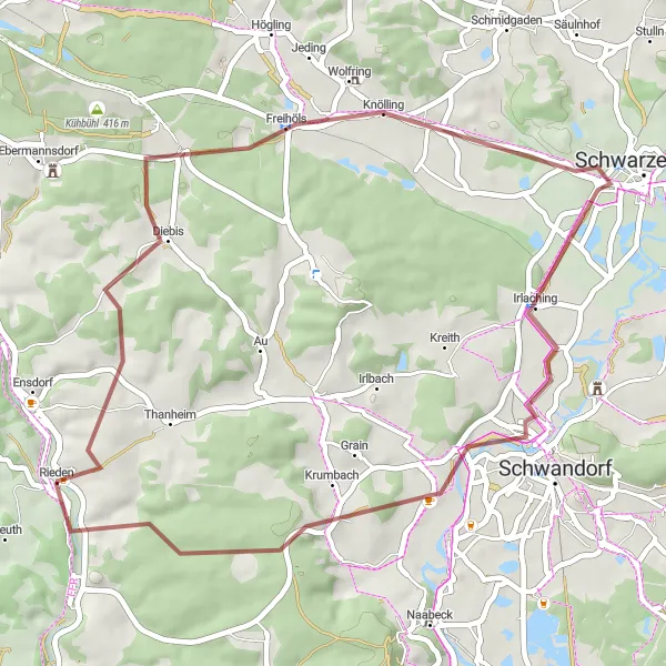 Map miniature of "Scenic Gravel Route through Rieden" cycling inspiration in Oberpfalz, Germany. Generated by Tarmacs.app cycling route planner