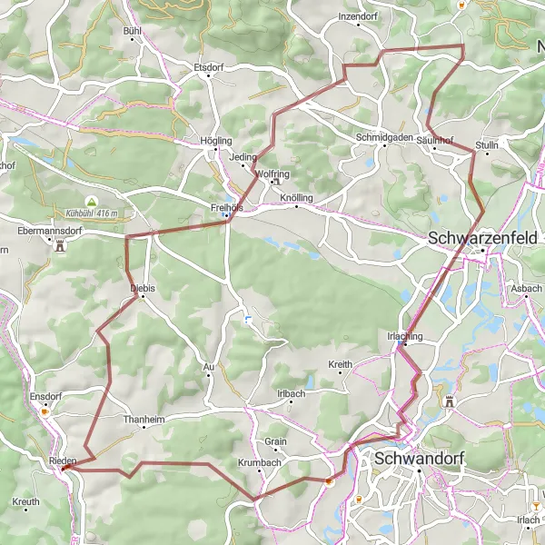 Karten-Miniaturansicht der Radinspiration "Naturerlebnis und Kultur auf 56 km Gravelpfad" in Oberpfalz, Germany. Erstellt vom Tarmacs.app-Routenplaner für Radtouren