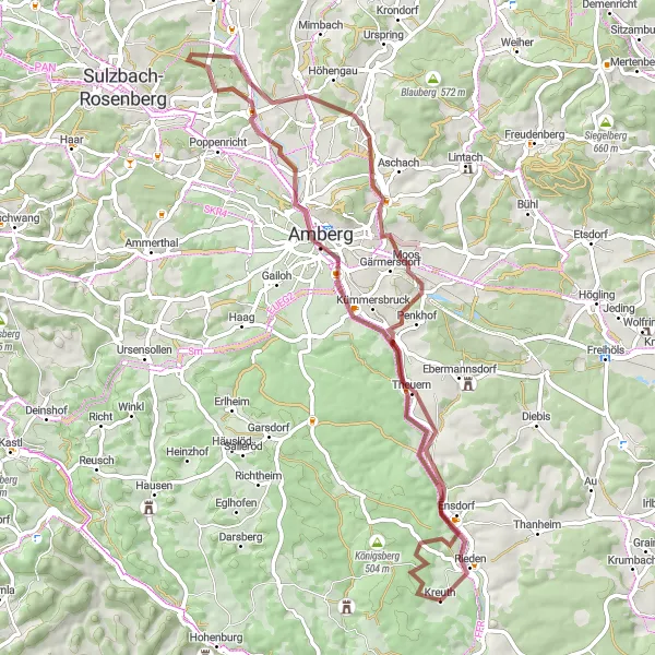 Map miniature of "Gravel Wonders and Serene Landscapes" cycling inspiration in Oberpfalz, Germany. Generated by Tarmacs.app cycling route planner