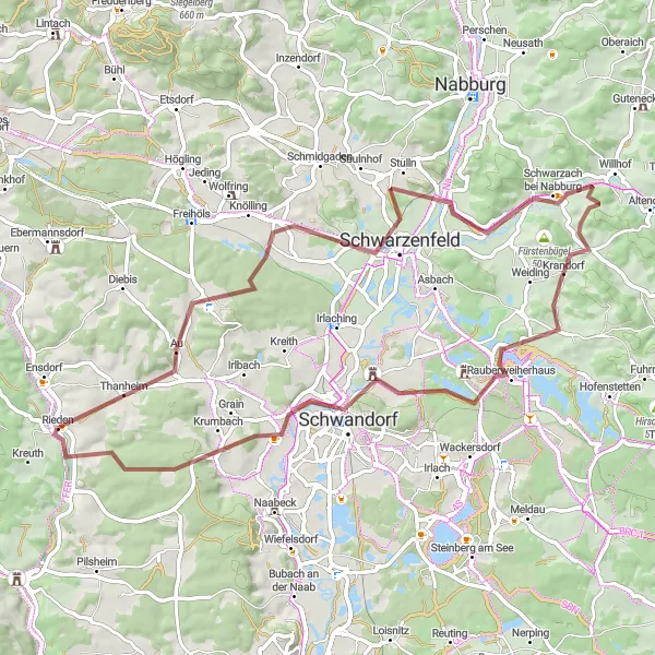 Map miniature of "Gravel Adventure to Stulln and Schloss Fronberg" cycling inspiration in Oberpfalz, Germany. Generated by Tarmacs.app cycling route planner