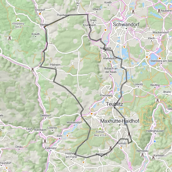 Map miniature of "Naabeck Castle and Maxhütte-Haidhof Route" cycling inspiration in Oberpfalz, Germany. Generated by Tarmacs.app cycling route planner