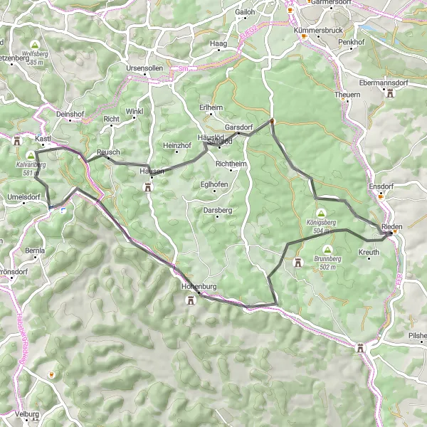 Map miniature of "A Scenic Road Escape" cycling inspiration in Oberpfalz, Germany. Generated by Tarmacs.app cycling route planner