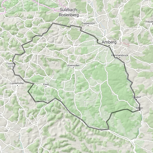 Map miniature of "Brunnberg and Juradistl-Landschaftskino Road Trail" cycling inspiration in Oberpfalz, Germany. Generated by Tarmacs.app cycling route planner