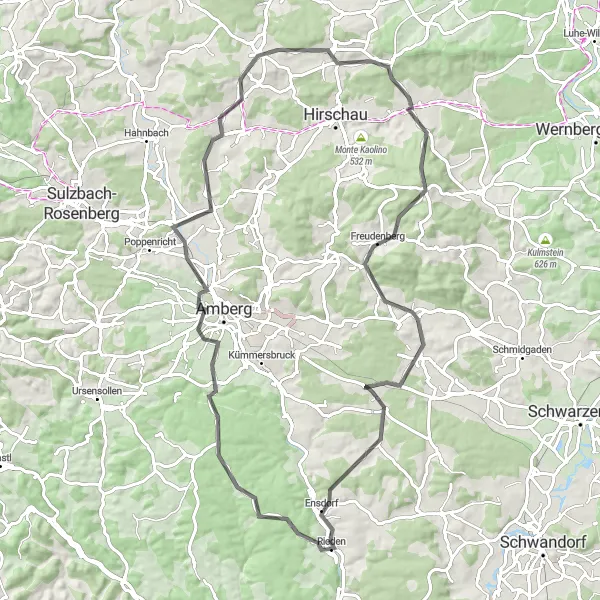 Karten-Miniaturansicht der Radinspiration "Rieden und Umgebung mit atemberaubenden Aussichten" in Oberpfalz, Germany. Erstellt vom Tarmacs.app-Routenplaner für Radtouren