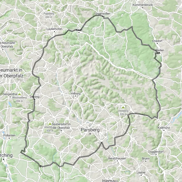 Map miniature of "Schmidmühlen and Hirschenstein Circuit" cycling inspiration in Oberpfalz, Germany. Generated by Tarmacs.app cycling route planner