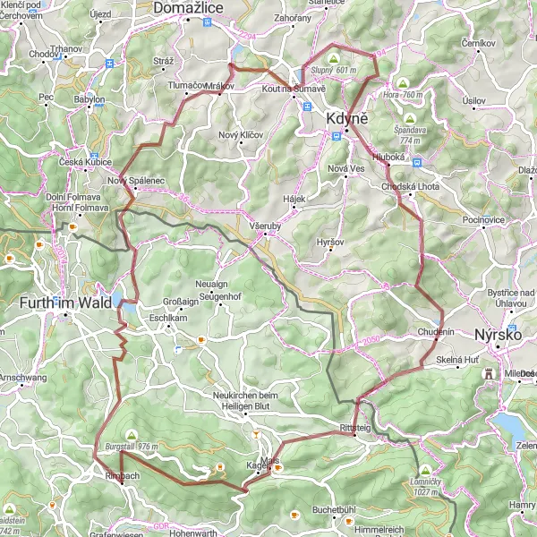 Map miniature of "Scenic Gravel Excursion: Conquer the Hills" cycling inspiration in Oberpfalz, Germany. Generated by Tarmacs.app cycling route planner