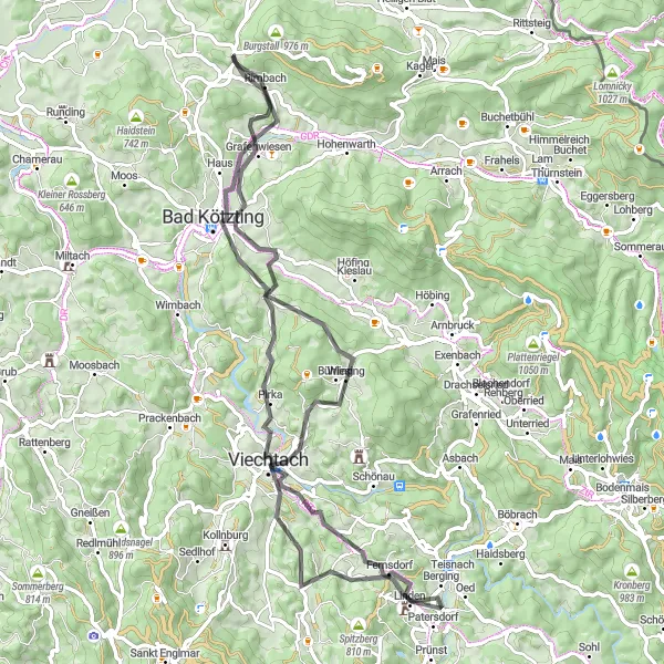 Map miniature of "Challenging Road Cycling Route from Rimbach" cycling inspiration in Oberpfalz, Germany. Generated by Tarmacs.app cycling route planner