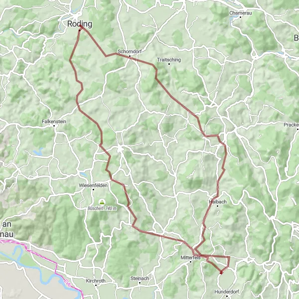 Karten-Miniaturansicht der Radinspiration "Roding und Teufelsfelsen" in Oberpfalz, Germany. Erstellt vom Tarmacs.app-Routenplaner für Radtouren