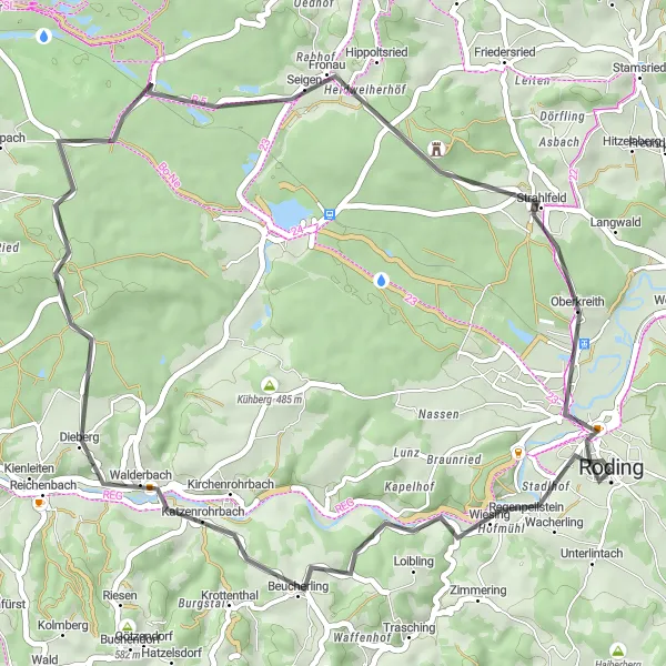 Map miniature of "The Rolling Hills of Roding" cycling inspiration in Oberpfalz, Germany. Generated by Tarmacs.app cycling route planner